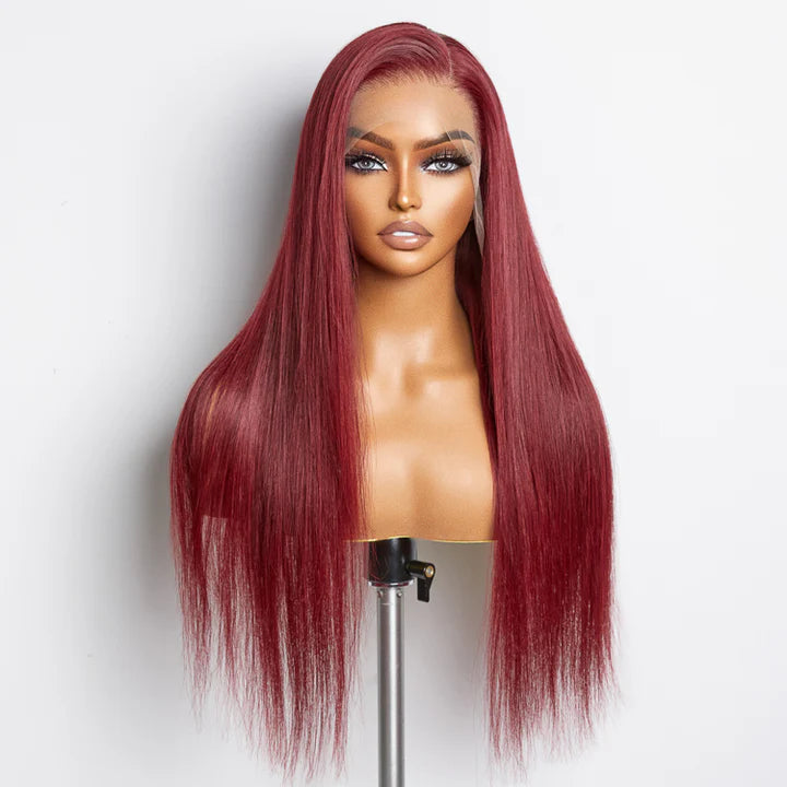 Burgundy Color Pre-Plucked Transparent Lace Straight  Wig 200% Density 100% Human Hair