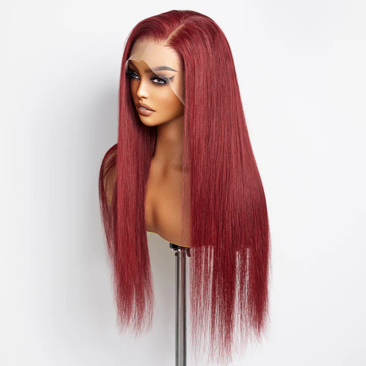 Burgundy Color Pre-Plucked Transparent Lace Straight  Wig 200% Density 100% Human Hair