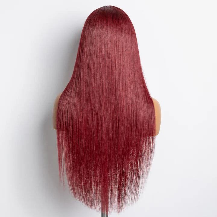 Burgundy Color Pre-Plucked Transparent Lace Straight  Wig 200% Density 100% Human Hair