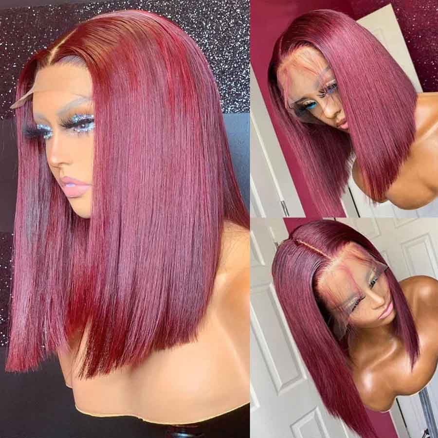 99j Burgundy Color Short Bob Wig Straight Human Hair Wig 180% Lace Front Wigs