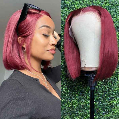 99j Burgundy Color Short Bob Wig Straight Human Hair Wig 180% Lace Front Wigs