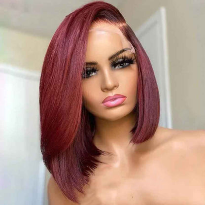 99j Burgundy Color Short Bob Wig Straight Human Hair Wig 180% Lace Front Wigs