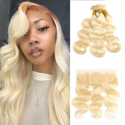 613 Body WaveWith 3 Bundles Blonde Human Hair Weaves