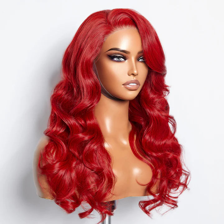 #Red  Color Transparent Lace Body Wave Wig 200% Density 100% Human Hair