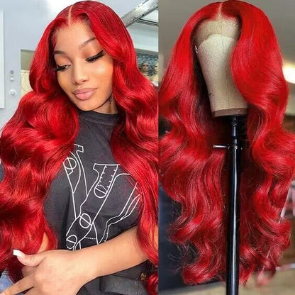 #Red  Color Transparent Lace Body Wave Wig 200% Density 100% Human Hair