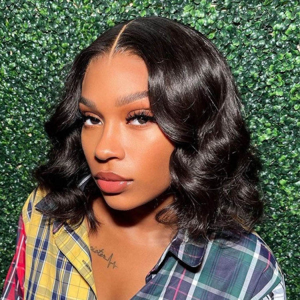 Natural Color Body Wave Short Bob Lace Front Wigs 180% Density